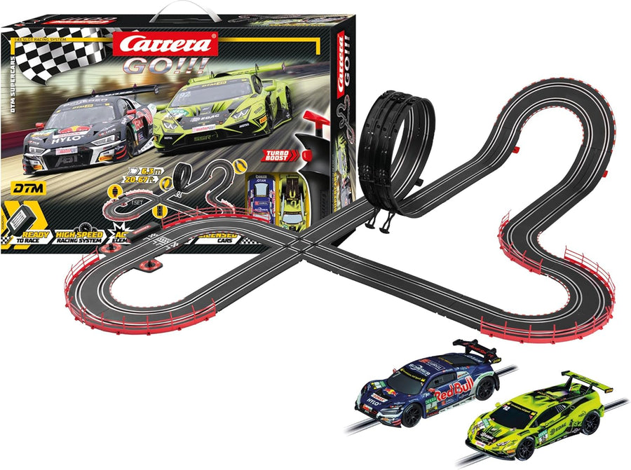 Carrera GO!!! DTM Supercars slot car racing set with colorful race track and detailed DTM-style race cars, ideal for toy racing enthusiasts.