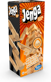 Hasbro Classic Jenga game with wooden blocks stacked in a tower ready for gameplay, made in the USA.