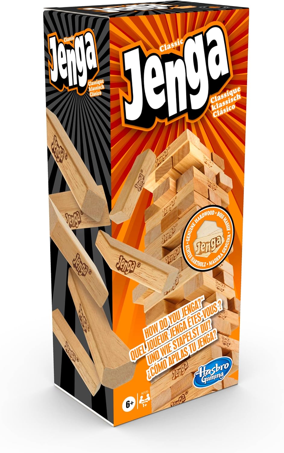 Hasbro Classic Jenga game with wooden blocks stacked on a flat surface, ready for gameplay, made in the USA.