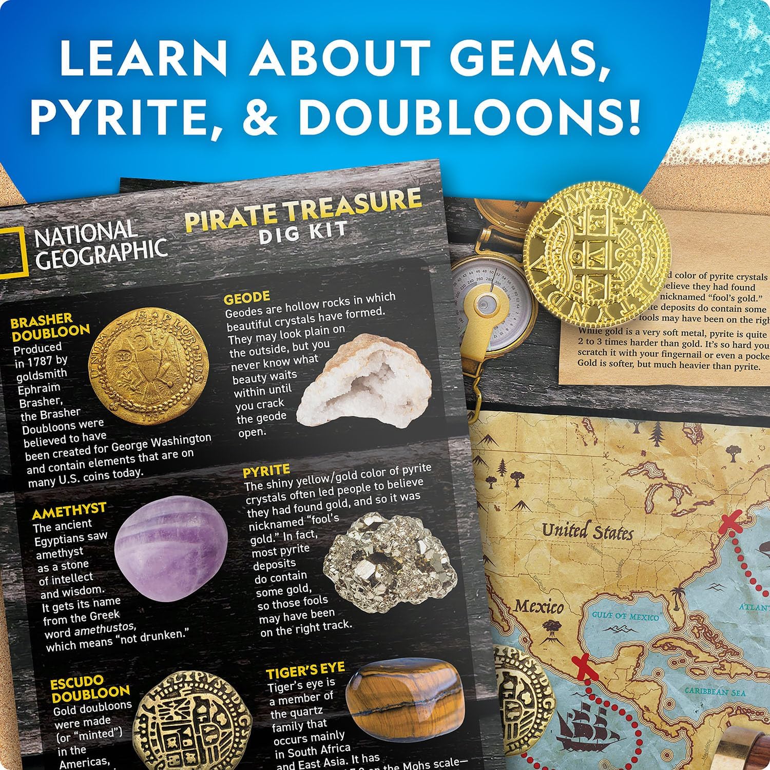 Playzokids National Geographic Pirate Treasure Dig Kit with excavation tools and buried treasure replica for kids' adventure play.