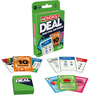 Hasbro Monopoly Deal card game featuring colorful playing cards and game box on a white background.