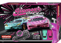 Carrera Pink Action Racing Race Track Set toy with pink and black race cars on colorful track layout.