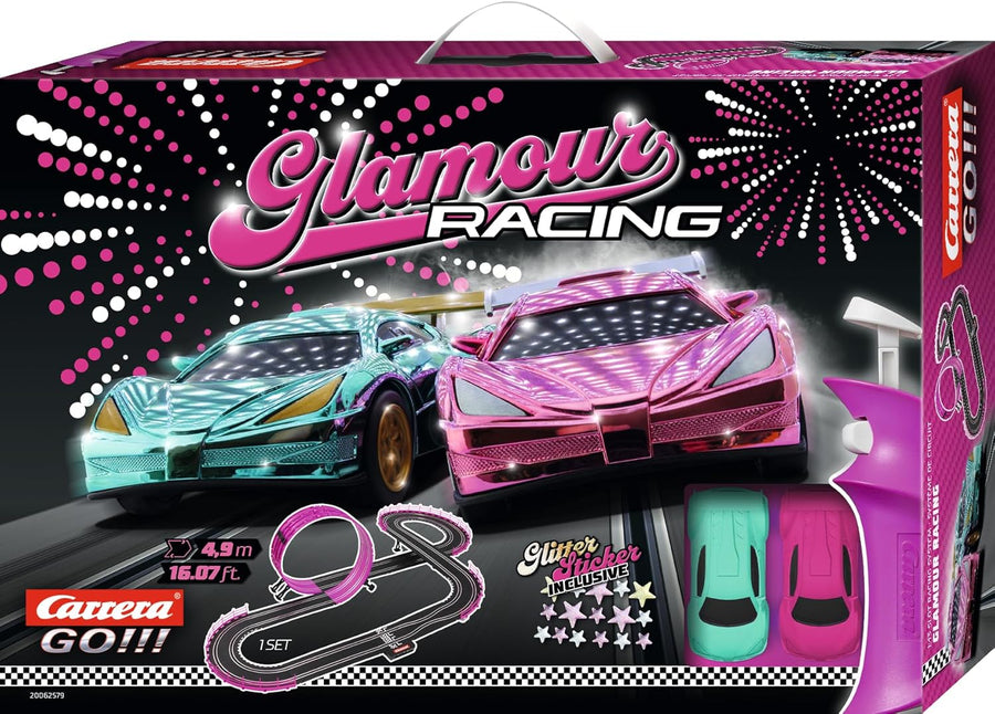 Carrera Pink Action Racing Race Track Set toy with pink and black race cars on colorful track layout.