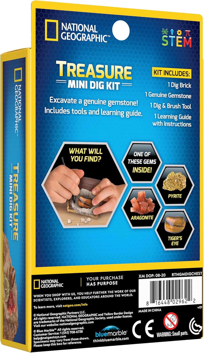 National Geographic Playzokids Carved Treasure Mini Dig Kit with small excavation tools and treasure artifacts for kids' adventure fun.