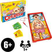 Hasbro Classic Operation game with a wooden game board, metal tools, and colorful patient parts on a white background.