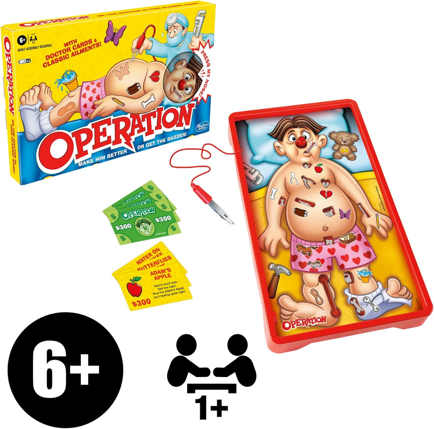 Hasbro Classic Operation game with a cardboard game board, plastic patient with removable organs, and game pieces for fun medical diagnosis.