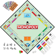 Hasbro Monopoly family board game with colorful game board, tokens, and property cards for fun family gaming sessions.