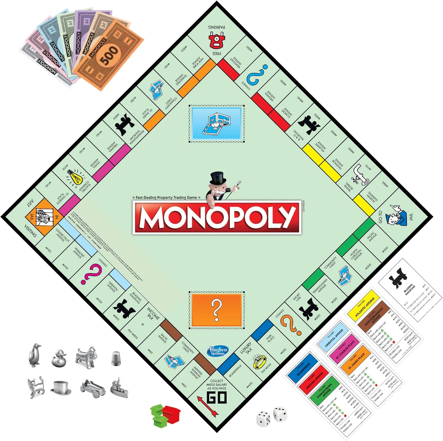 Hasbro Monopoly family board game with colorful game board, playing pieces, and property cards on a table.