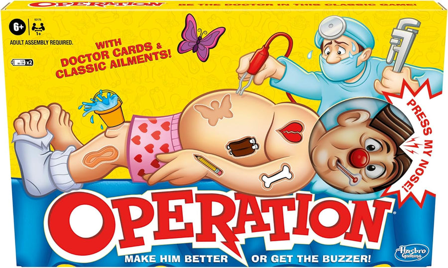 Hasbro Classic Operation game with a game board, patient, and surgical tools for fun, skill-based family play