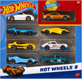 Set of 8 Hot Wheels 1:64 scale basic die-cast cars featuring colorful designs and detailed models.