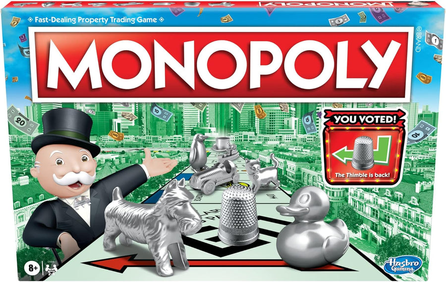 Hasbro Monopoly family board game with colorful game board, tokens, and property cards for family fun and strategic play