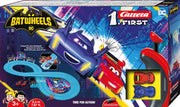 Carrera First DC Bat wheels race track set with colorful toy cars and track pieces for kids' racing play.