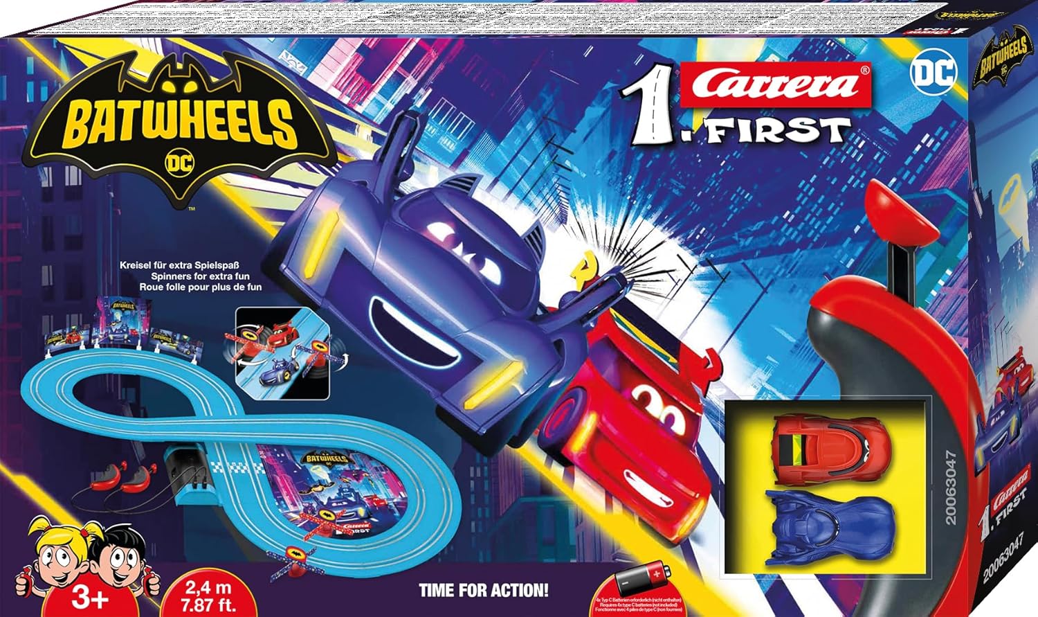 Carrera First DC Bat wheels race track set with colorful toy cars and track pieces for kids' racing play.