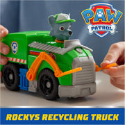 Spin Master PAW Patrol recycling truck toy with Rocky figure, featuring colorful design and realistic truck details.