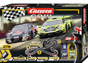 Carrera GO!!! DTM Supercars slot car racing set with colorful race cars, track pieces, and racing accessories for kids.
