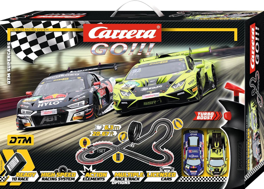 Carrera GO!!! DTM Supercars slot car racing set with colorful race track and detailed miniature race cars for kids and enthusiasts