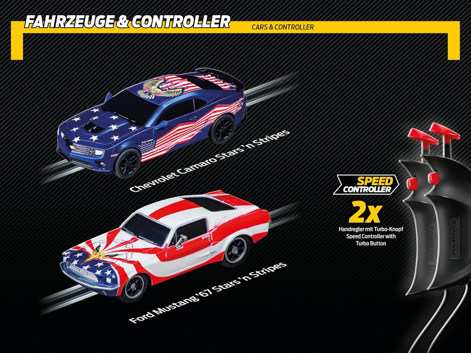 Carrera Street Legends toy set featuring detailed miniature vehicles from the Carrera brand on a race track.