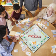 Hasbro Monopoly family board game with colorful game board, tokens, and property cards for fun family gaming sessions.