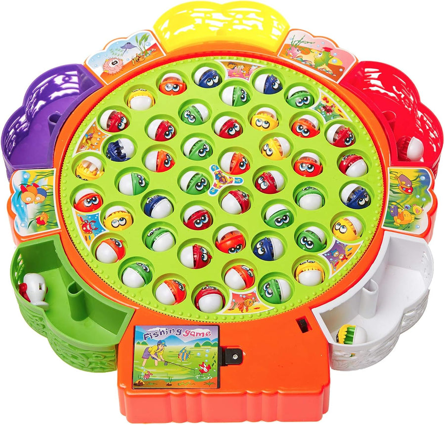 Multicolor battery-operated fishing game toy with fishing rods and colorful plastic fish for kids' play and entertainment.