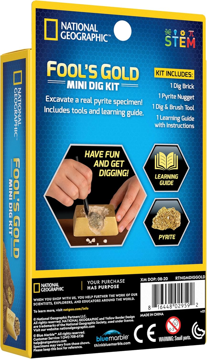 National Geographic Carded Fool's Gold Mini Dig Kit by Playzokids, with tools and miniature gold nuggets for educational gemstone discovery