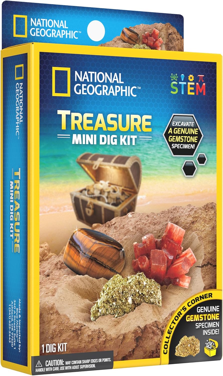 National Geographic Carved Treasure Mini Dig Kit by Playzokids featuring excavation tools and buried treasure artifacts for kids.