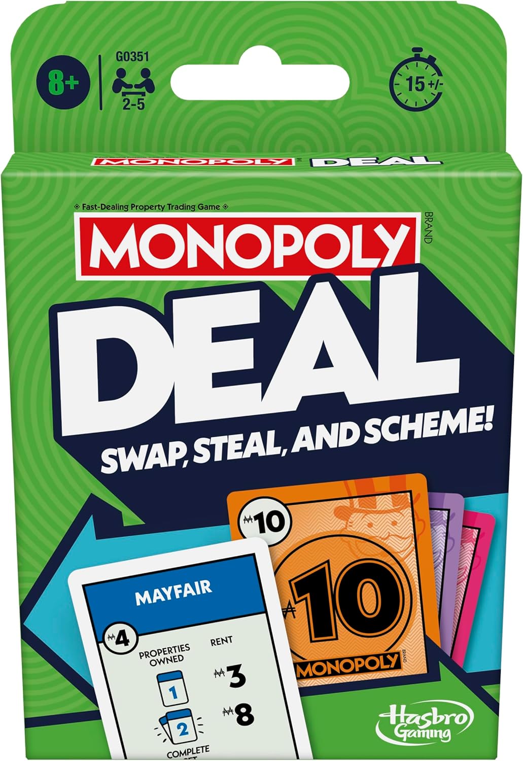 Hasbro Monopoly Deal card game featuring colorful playing cards and game components on a white background.