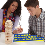 Hasbro Classic Jenga game with wooden blocks stacked in a tower ready for gameplay, made in the USA.