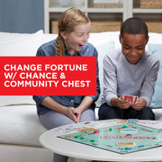 Hasbro Monopoly family board game with colorful game board, tokens, and property cards for fun family gaming sessions.