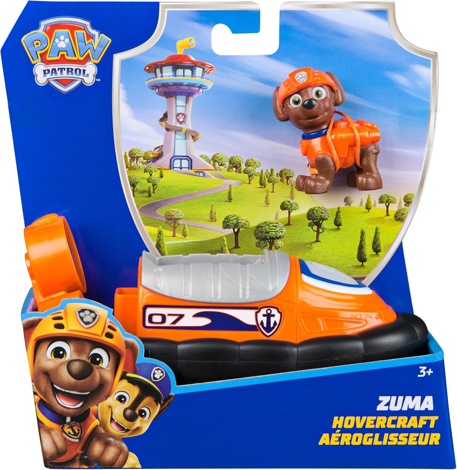 Spin Master PAW Patrol Air Cushion Boat toy with Zuma dog figure, featuring vibrant colors and detailed marine design.
