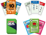 Hasbro Monopoly Deal card game featuring colorful playing cards and game box on a white background.