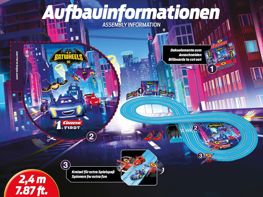 Carrera First DC Bat wheels race track set with colorful toy cars on a track for kids' play.