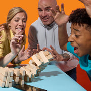 Official Hasbro Jenga game with wooden blocks stacked in a tower for classic skill and balance gameplay.