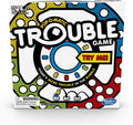 Hasbro Trouble board game with colorful game pieces and pop-o-matic dice roller on a white background