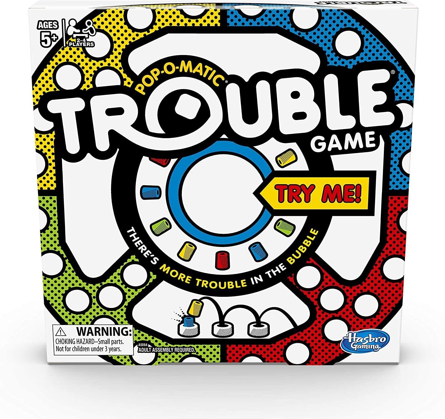 Hasbro Trouble board game with colorful game pieces and pop-o-matic dice roller on a white background