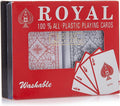 Generic ROYAL plastic playing cards spread out, colorful toy deck for card games and magic tricks.