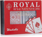 Generic Royal plastic playing cards spread out on a surface, showcasing colorful suits and face cards for card games and magic tricks.