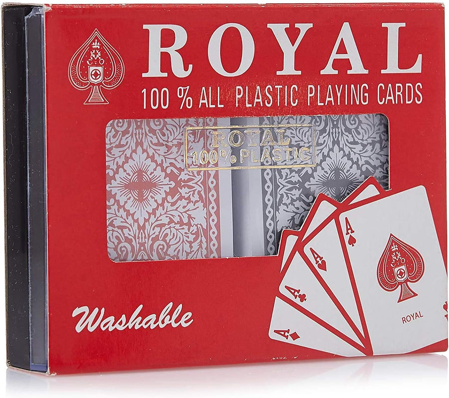 Generic ROYAL plastic playing cards spread out, colorful toy deck for card games and magic tricks.