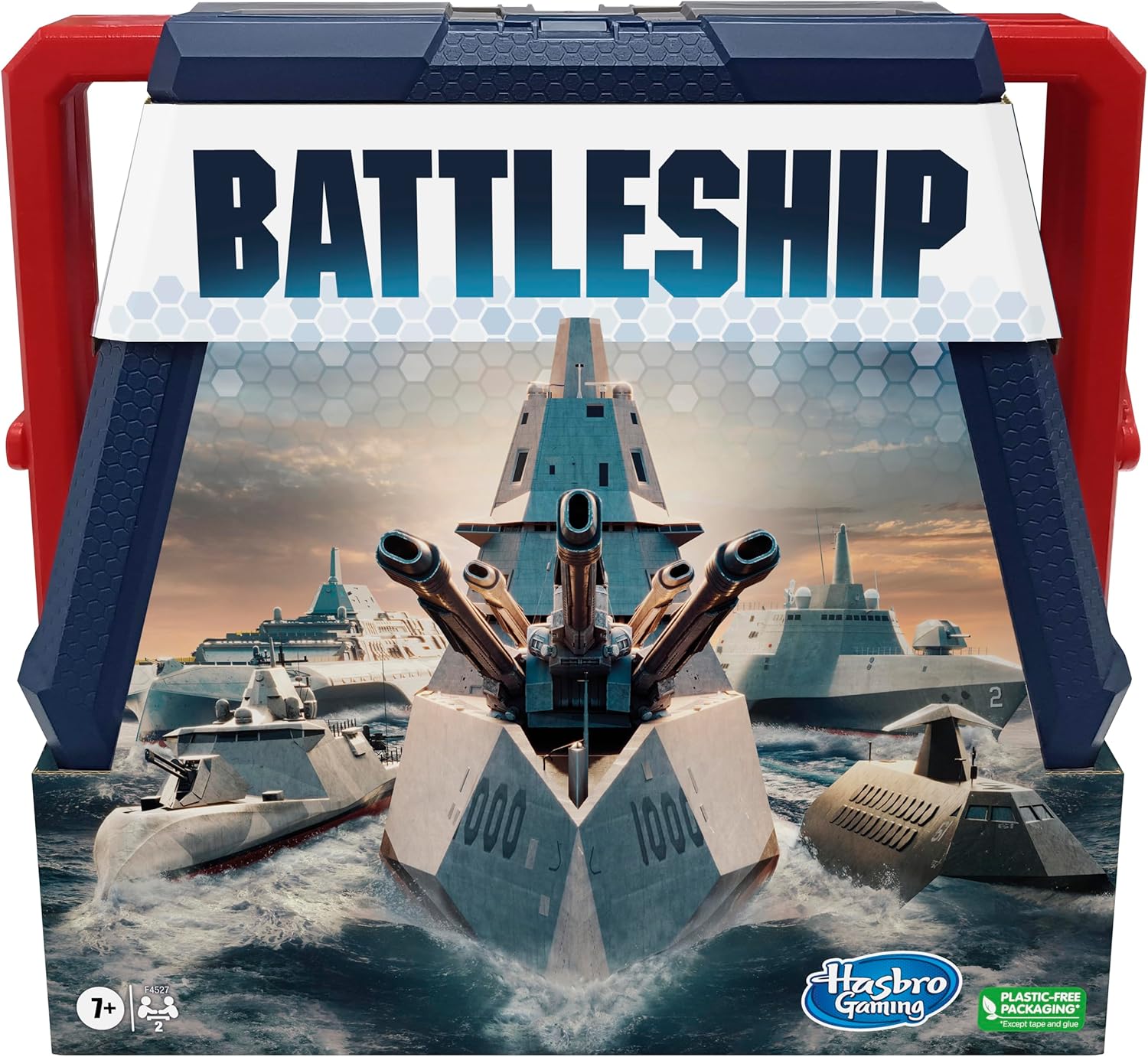 Hasbro Battleship Classic Board Game with colorful game pieces and grid game board for strategic naval battles.