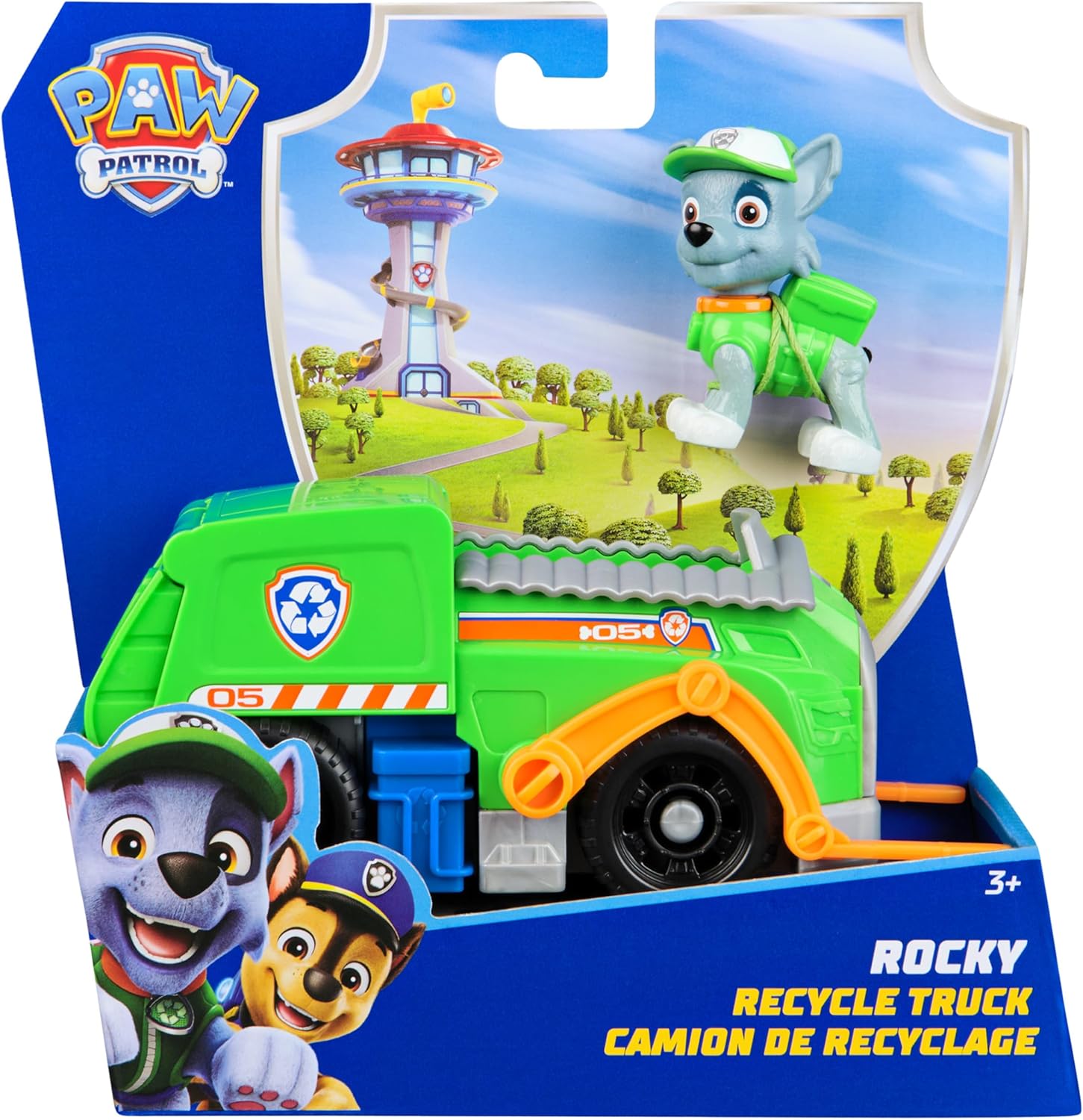 Spin Master PAW Patrol Recycling Truck toy with Rocky figure, featuring colorful recycling truck and Rocky character from the series.