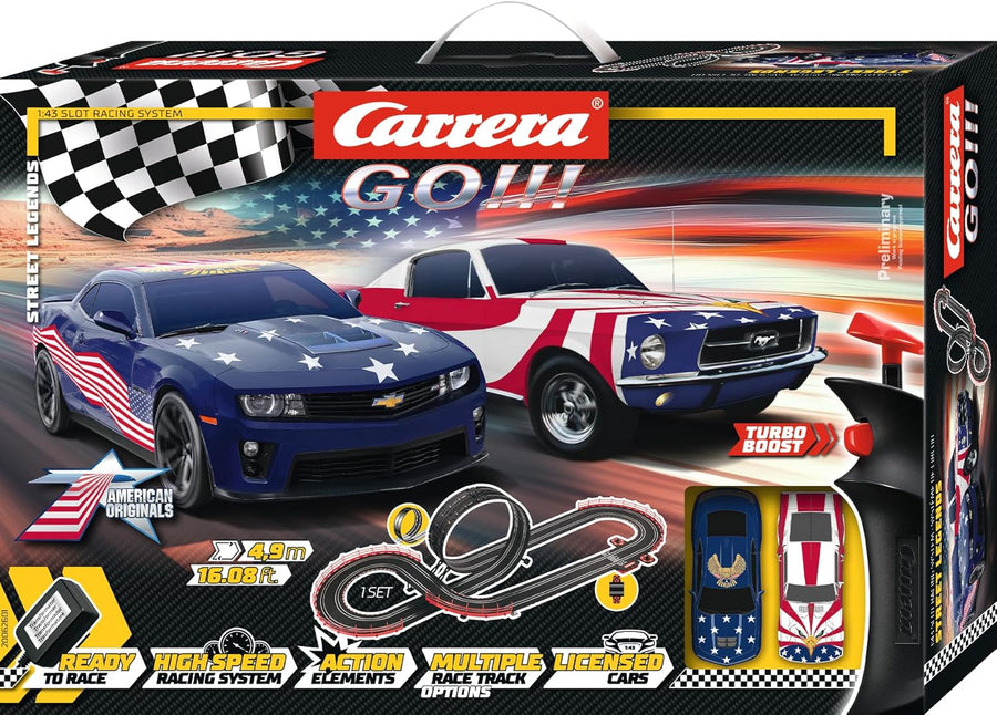 Carrera Street Legends toy set featuring detailed miniature cars and racing accessories on a colorful display.