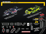 Carrera GO!!! DTM Supercars slot car racing set with colorful race cars, track pieces, and racing accessories for kids.