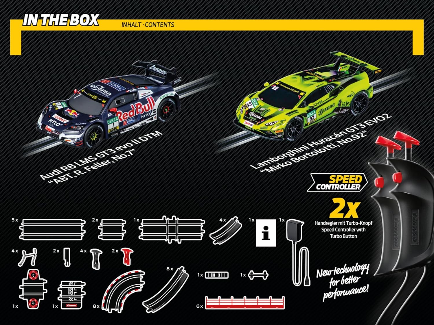 Carrera GO!!! DTM Supercars slot car racing set with colorful race cars and track pieces on a table.