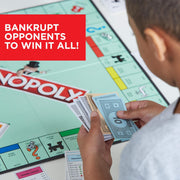 Hasbro Monopoly family board game with colorful game board, tokens, and property cards for fun family gaming sessions.
