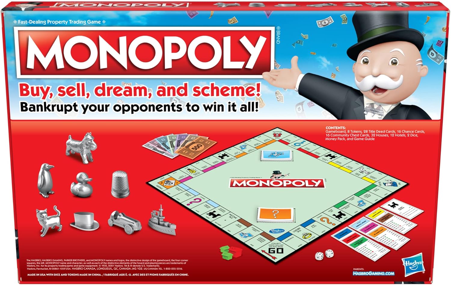 Hasbro Monopoly family board game with colorful game board, game pieces, and property cards for family fun and entertainment