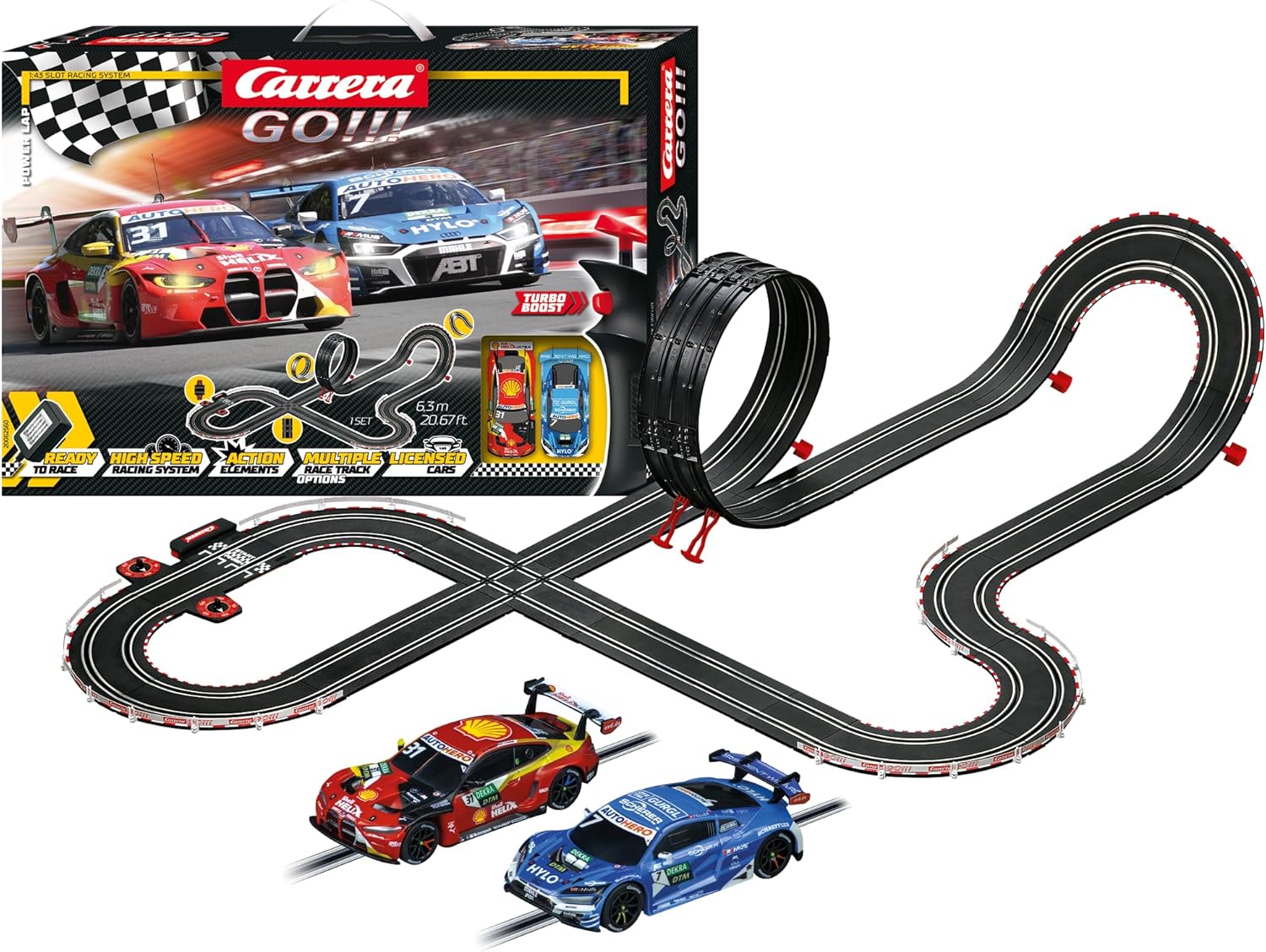 Carrera high-speed digital race track toy with colorful racing cars on a detailed track setup.