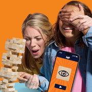 Official Hasbro Jenga game with wooden blocks stacked in a tower for classic skill and balance gameplay.