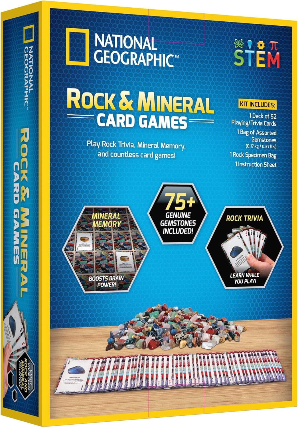 National Geographic rock and mineral card game by Playzokids featuring colorful cards with images of various rocks and minerals.