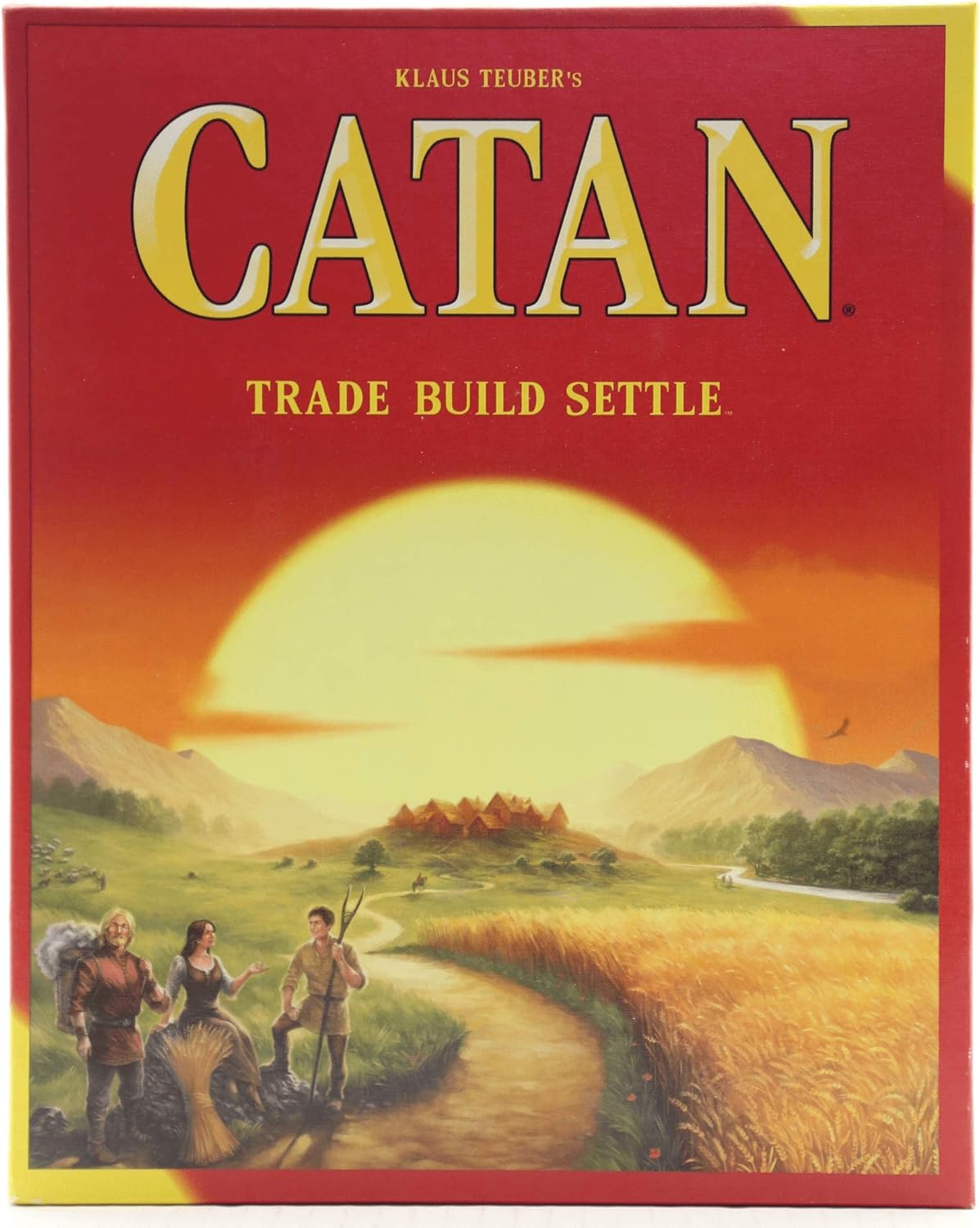 Playzokids Catan 6th Edition trade and build Settlers board game with colorful game pieces and hexagonal tiles on a wooden surface.