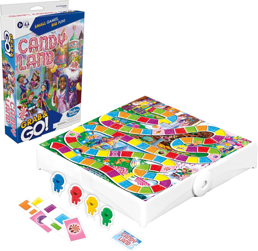 Hasbro Candy Land Grab and Go travel board game toy set with colorful game pieces and vibrant game board for kids.
