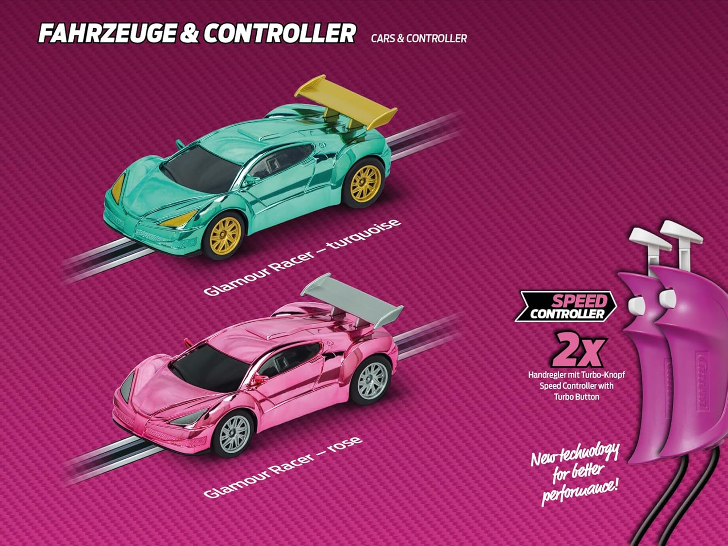 Carrera GO!!! Pink action racing toy track set with colorful race cars and vibrant track pieces for kids' racing fun.